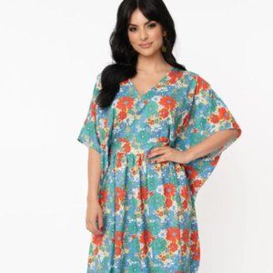 Unique Vintage Floral Maxi Dress in Blue and Red